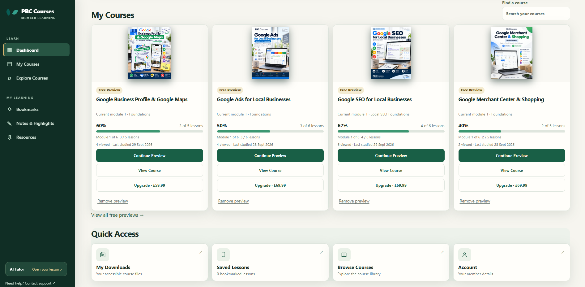 PBC member dashboard showing course progress, Continue Preview and saved-learning tools